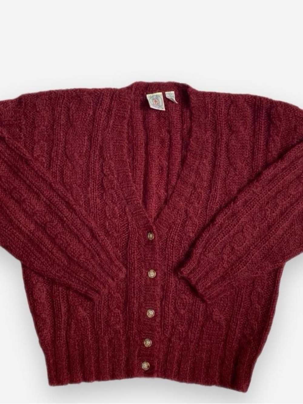 Vintage deep red mohair blend cable knit cardigan